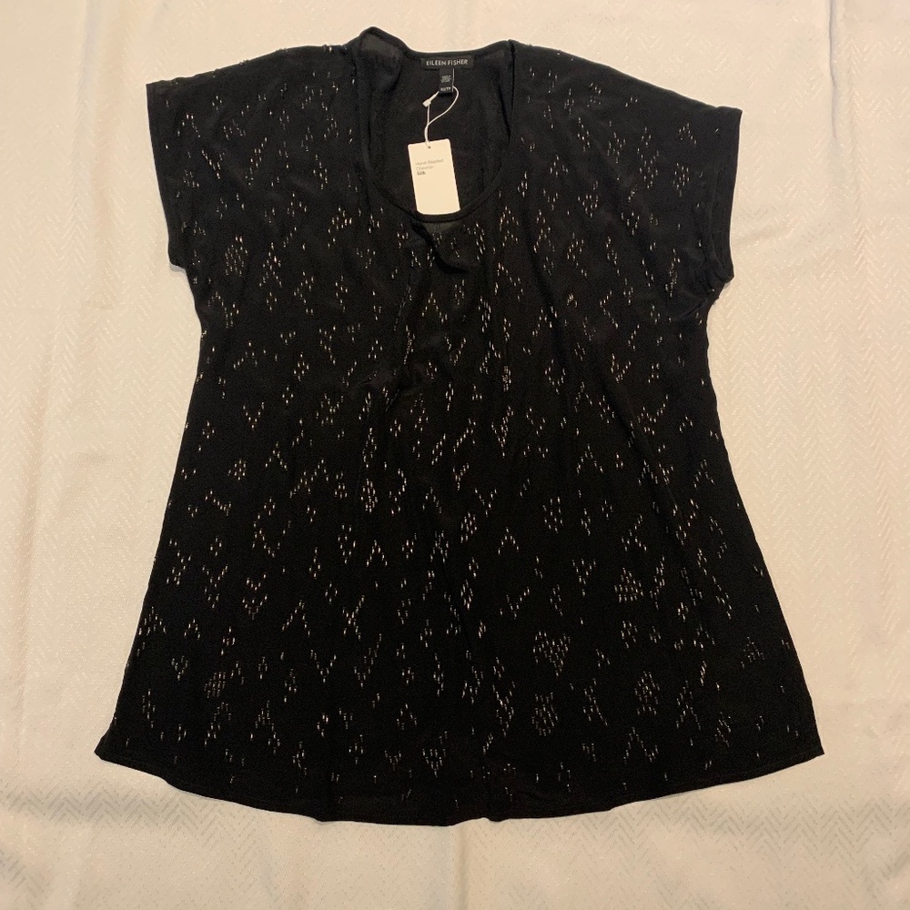 Eileen Fisher Hand Beaded Chevron Silk Top, Size XS/S